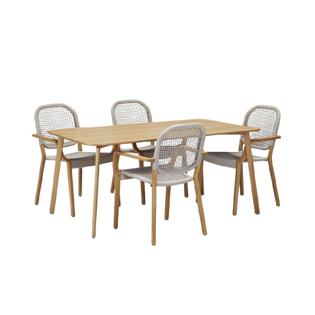 "Modern Wooden Dining Table Set with Rattan Chairs"