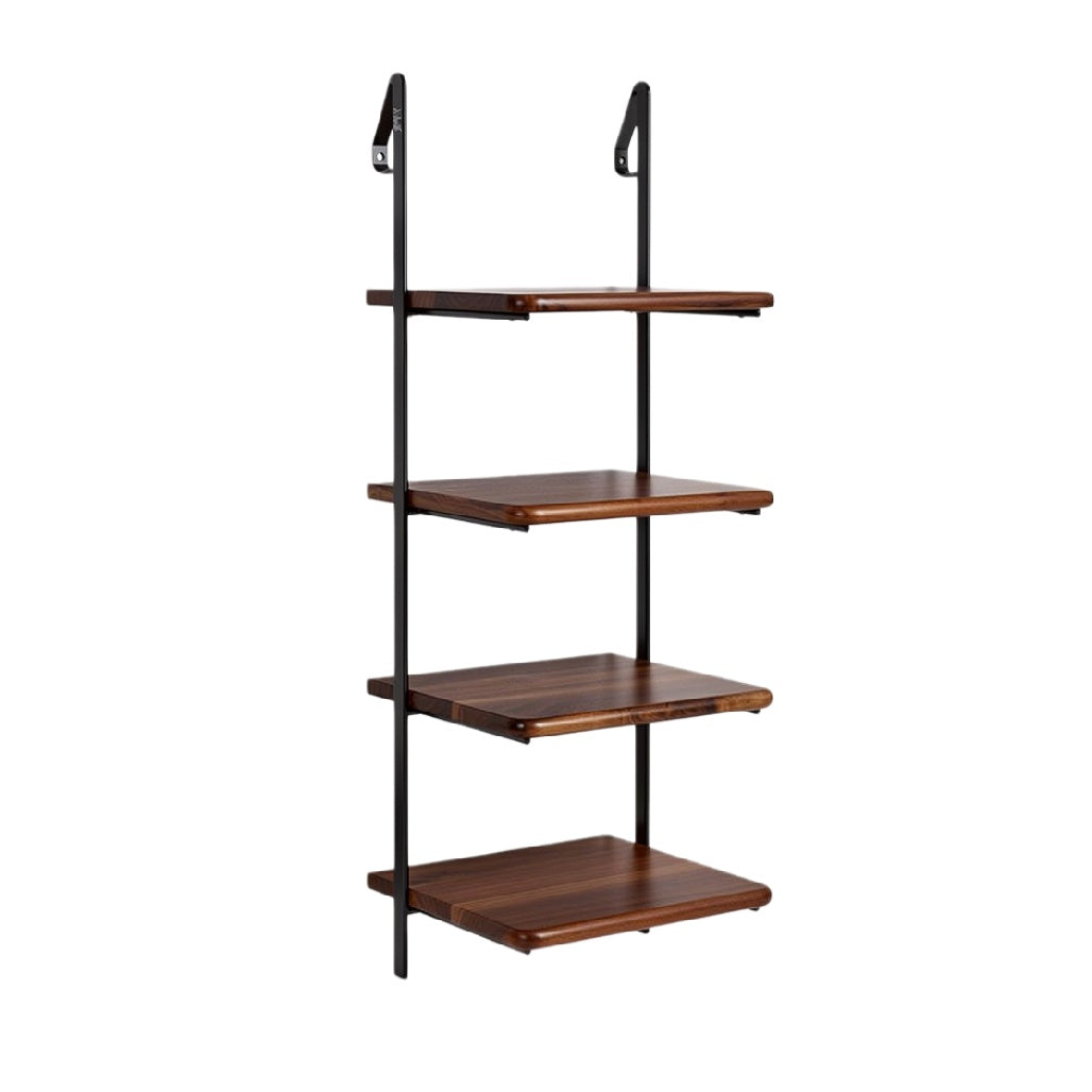 "Modern Four-Tier Wooden Wall Shelf with Metal Brackets"