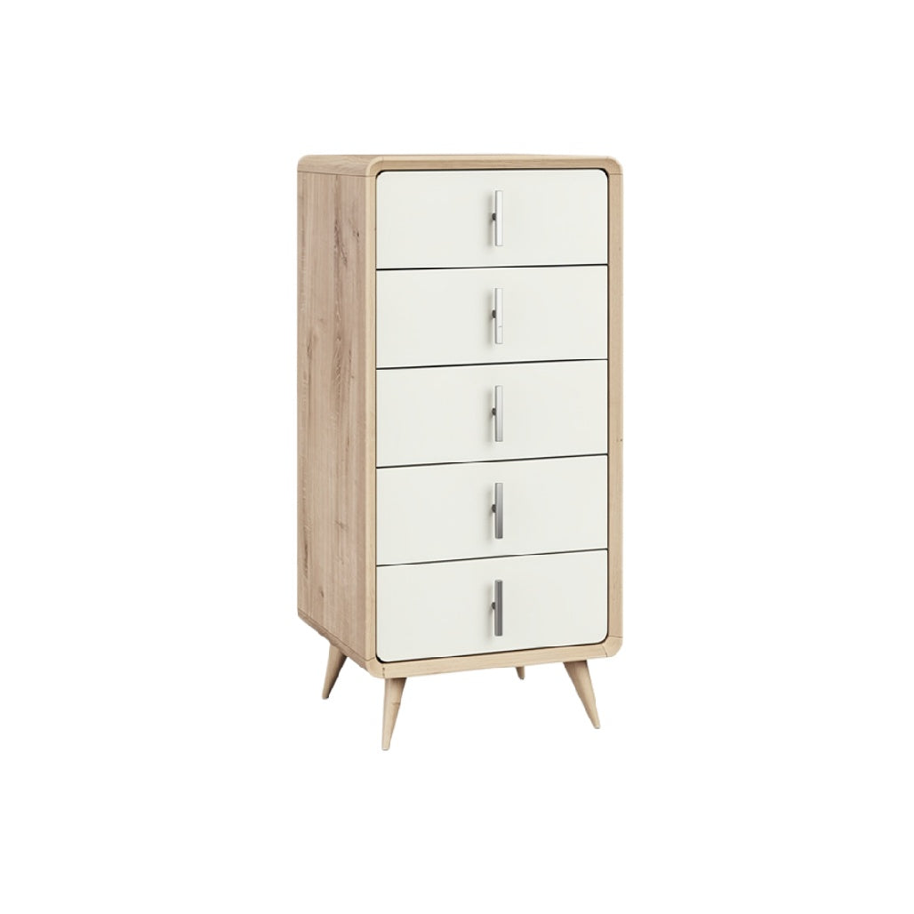 "Modern Wooden Five-Drawer Chest with White Fronts"