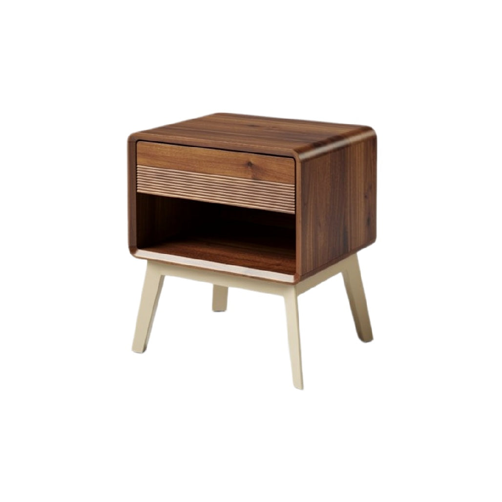 Modern Wooden Nightstand with Open Shelf and Drawer